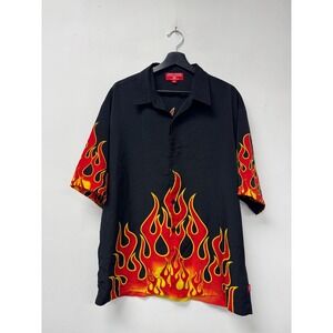 JNCO Jeans Shirt Mens XL Black Flame Short Sleeve Button‎ Front Streetwear Retro
